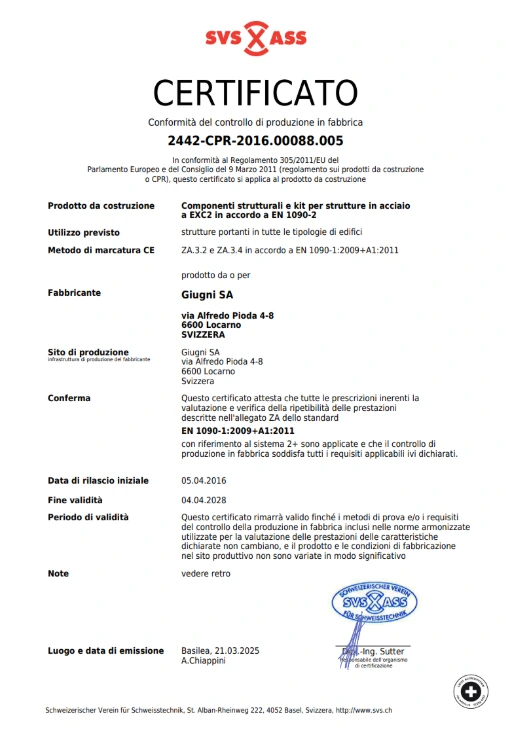 Certificazioni Giugni Sa Metalcostruzioni 