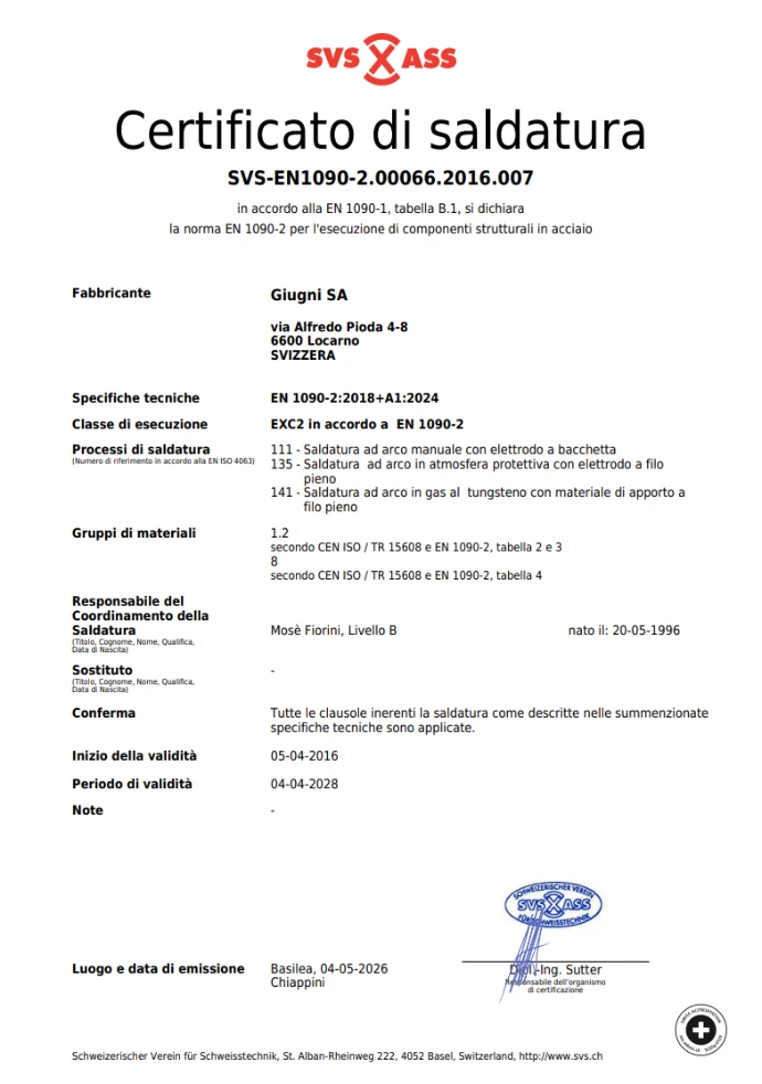 Certificazioni Giugni Sa Metalcostruzioni 